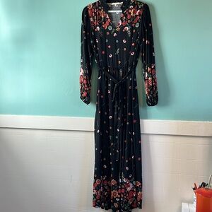 Black Multi color Floral Maxi Sundress with Long Bishop Sleeves